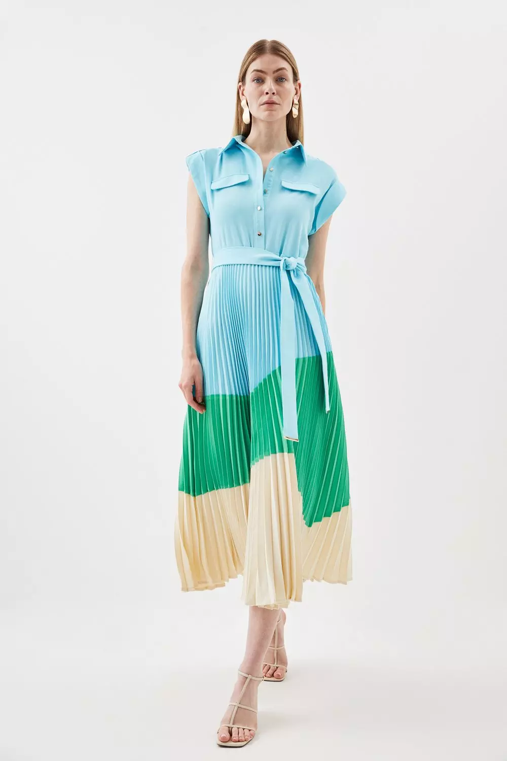 Colour Block Pleated Woven Midi Shirt Dress Karen Millen